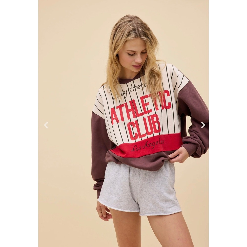 Daydreamer Athletic Club Colorblock Sweatshirt Pinstripe Baseball Burgundy S/M